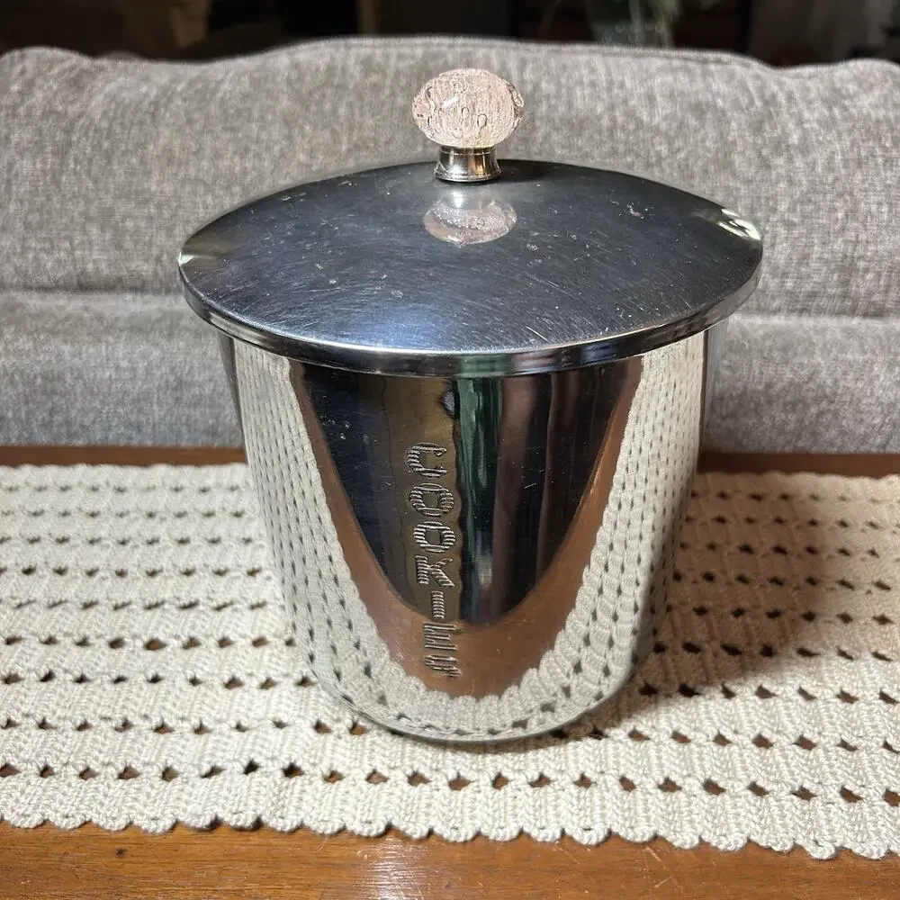 Vtg 50s EVEREDY Stainless Chrome COOKIE JAR Canister 9” Pink Glass Ball Knob